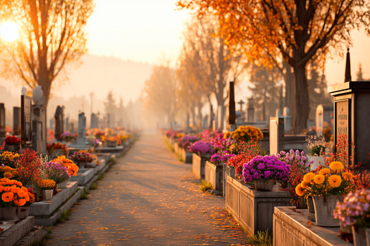 Peaceful cemetery landscape in autumn