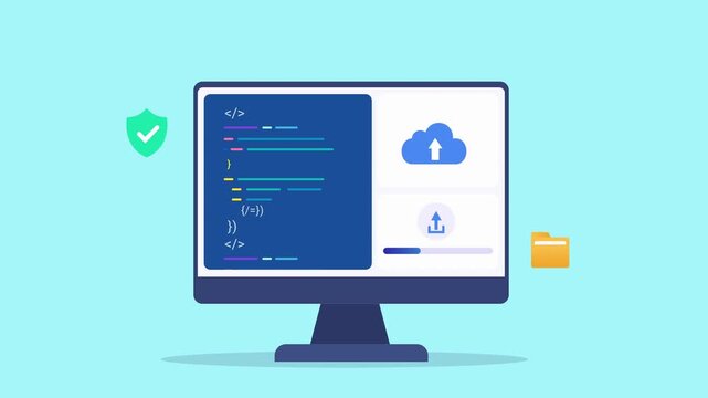 Modern flat vector animation of an AI cloud development dashboard on a desktop monitor with source code editor, cloud deployment, security, and programming interface. Ideal for software development 