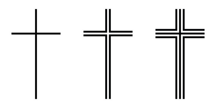 Christian cross, set of black and white vector silhouette illustration of religious Latin cross shape with lines, isolated on white