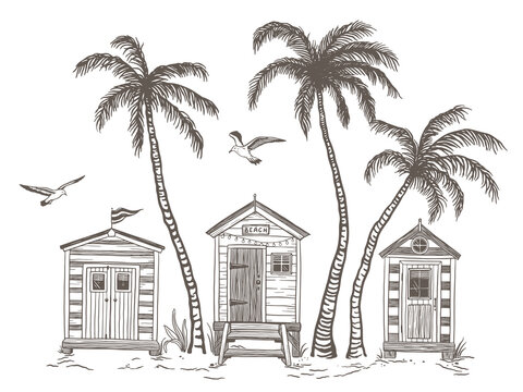 Summer drawing banner, card, print with beach huts, palm trees and seagulls, symbols hobbies and leisure on coast sea, ocean or lake. Illustration of vector silhouettes in brown color, beach landscape
