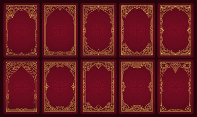 Gothic frame with medieval ornament and fantasy game UI elements. Border design with magic gold accents and vintage tarot card aesthetics. Ornate vector frame for mystical RPG interface banners. © vectorpouch