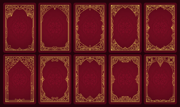 Gothic frame with medieval ornament and fantasy game UI elements. Border design with magic gold accents and vintage tarot card aesthetics. Ornate vector frame for mystical RPG interface banners.