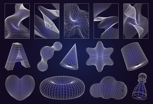 Psychedelic 3d shapes with y2k wireframe grid and retro pattern elements. Abstract neon hearts, geometric lines and cyber mesh on dark background. Futuristic shape for rave posters and techno art.