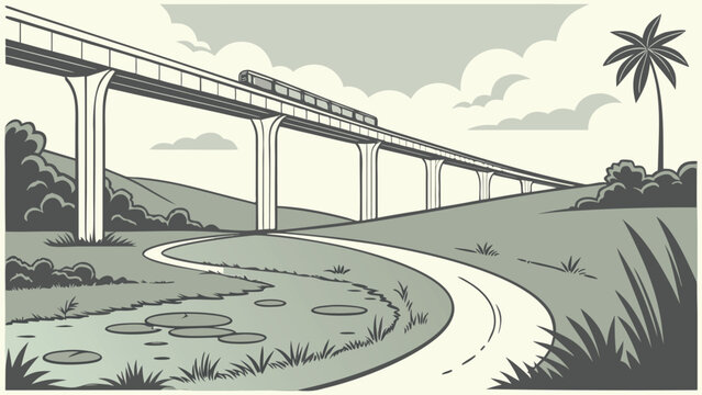 Futuristic elevated monorail train passing through a scenic nature landscape with river and hills vector illustration