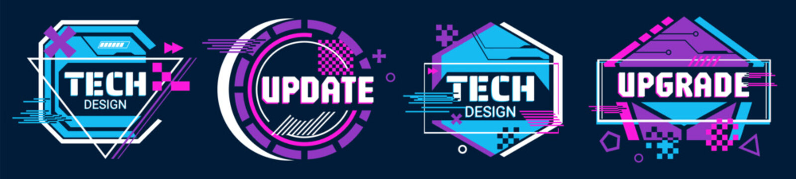 Cyberpunk badge with glitch effects and neon frame on dark tech background. Abstract digital element of purple and blue shapes, geometric patterns and futuristic cyber design for gaming UI.