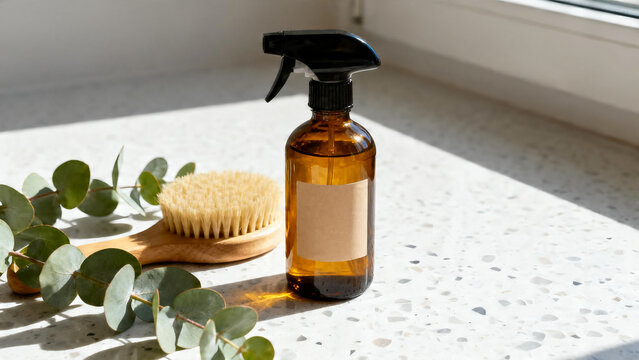 Amber glass spray bottle with eco cleaning brush on stone