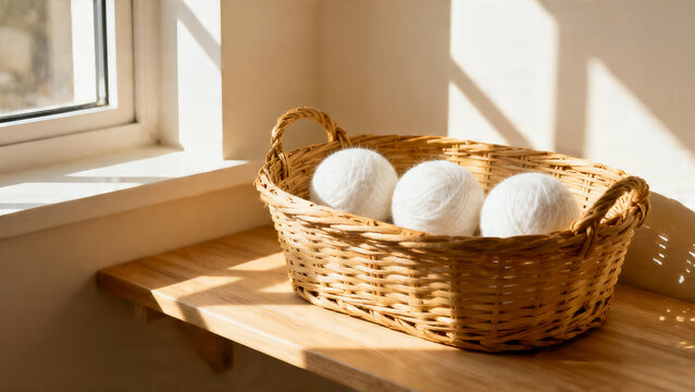 Minimalist white wool dryer balls in rustic wicker basket