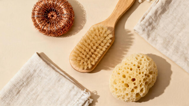 Eco-friendly household cleaning tools flatlay on sand background