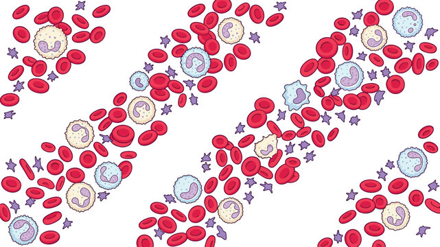 Human Blood Flow Seamless Pattern Background with Red and White Cells Lymphocytes Neutrophils and Platelets Vector Illustration for Medical Designs
