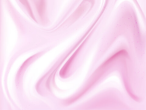 Yogurt with creamy strawberry texture and smooth pink wave. Fresh yogurt mousse with milky flow for cosmetic or food advertisement design and sweet berry promotion. Ice cream or pudding pattern