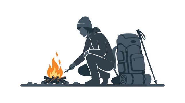 Hiker crouching by a campfire with backpack and trekking pole.