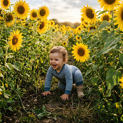 Young child smiling in a sunflower field. © Tora