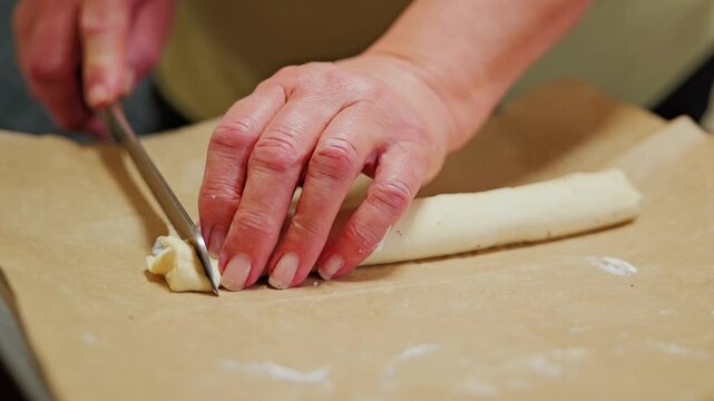A baker slices sweet dough into equal pieces before baking poppy seed buns