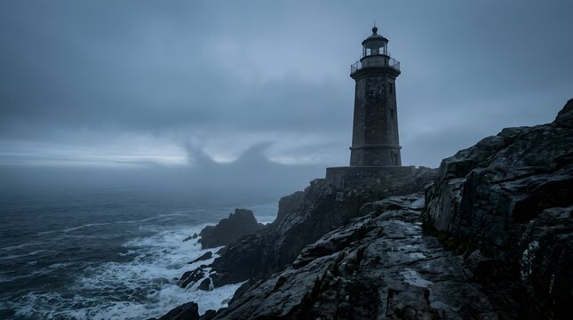 Lighthouse stands tall on a rocky cliff overlooking a dark stormy ocean.