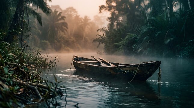 Rowboat floats peacefully on a calm river during a misty sunrise morning.