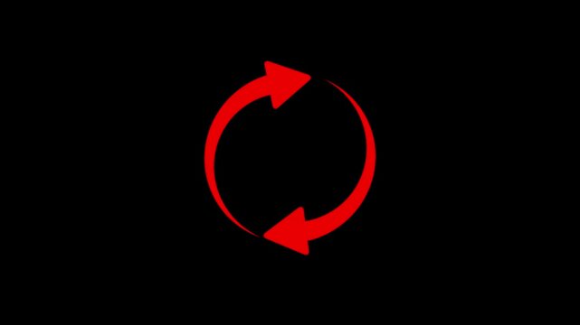 Red circular refresh arrows rotating in a continuous loop on a black background