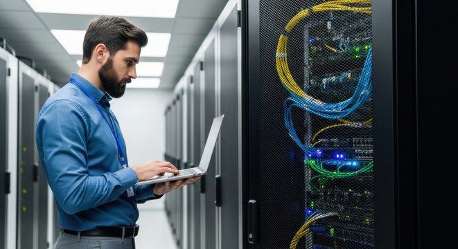 Professional IT technician working on a laptop in a modern data center server room filled with equipment and cables