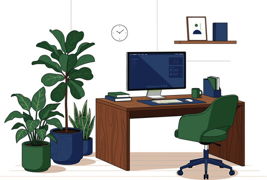 Modern Cozy Home Office Workspace Vector Illustration Featuring Wooden Desk Computer Potted Plants Comfortable Chair Wall Clock and Shelf Interior Design
