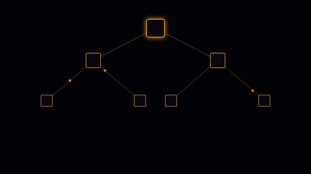 A minimalist binary tree structure diagram rendered with glowing orange lines