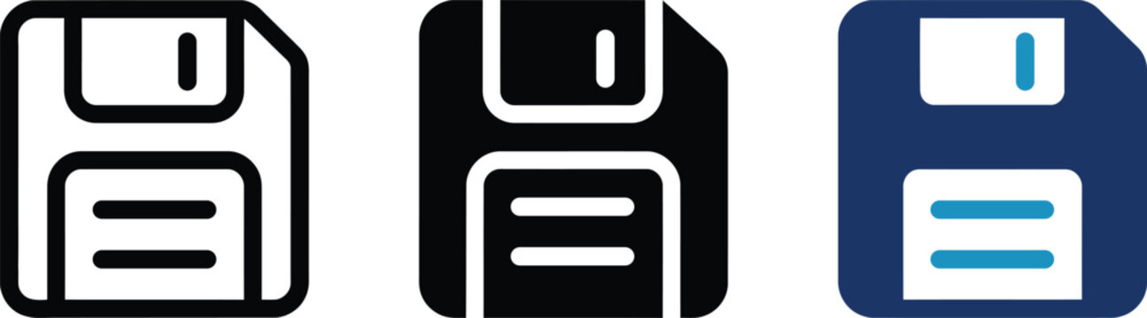 floppy disk icon set with black and blue designs featuring save, storage, digital