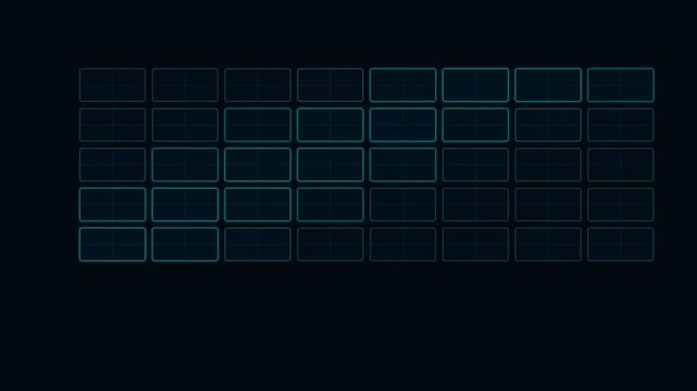 Abstract grid display with glowing blue rectangular panels on black background
