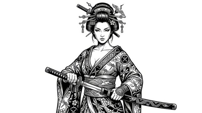 A samurai-inspired fictional woman wearing an intricately detailed kimono, holding a katana with composed confidence and strong posture. 