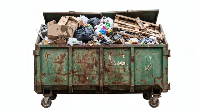 Rusty green dumpster overflowing with garbage and debris in urban environment