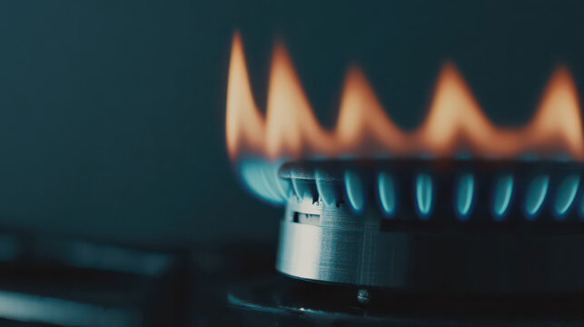 A photorealistic macro shot of an intense blue gas burner flame in a dark, smoky atmosphere. Dramatic lighting highlights the burner&rsquo;s detail and glowing heat.