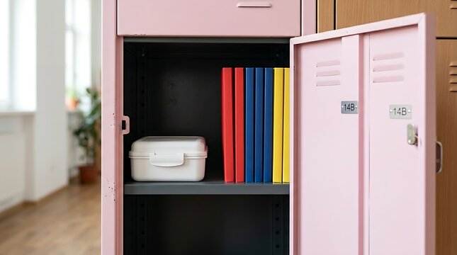 Open Pink School Locker with Lunch Box and Colorful Binders