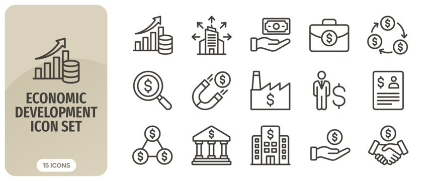Economic development icon set, business and finance, growth, investment, banking, money, management, industry, corporate, vector line icons