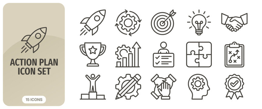 Action plan icon set, business strategy, project management, startup launch, goal achievement, team collaboration, professional development, vector line icons