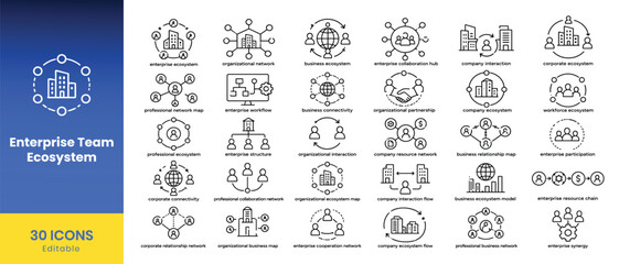 Naklejka premium Enterprise team ecosystem icons with network connections and people arranged in a grid on a white background