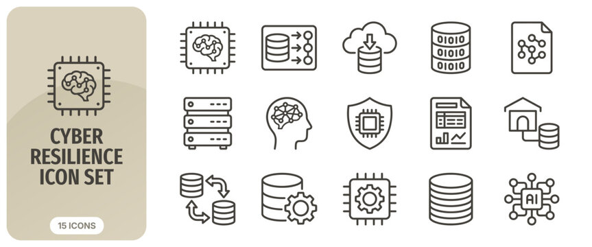 Cyber resilience icon set, ai and data security vector icons, digital infrastructure and network protection symbols