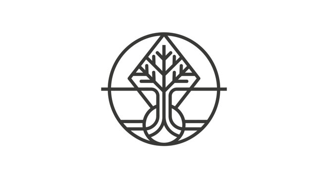 Minimalist Black and White Tree Inside Circle Logo Design with Crossed Lines and Abstract Branches