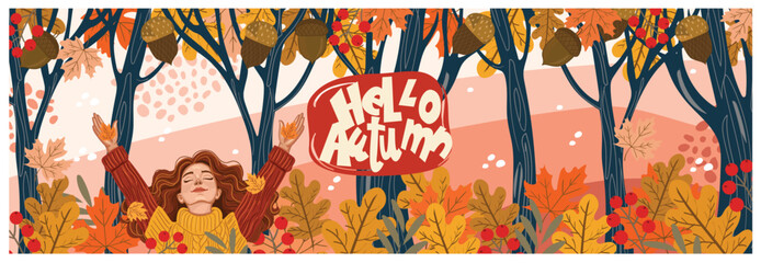 Girl and Fall. Hello Autumn. Autumn girl. Vector modern abstract illustration of nature, trees, forest, foliage, leaf, leaf, acorn for banner, background, greeting card, panorama or pattern © An