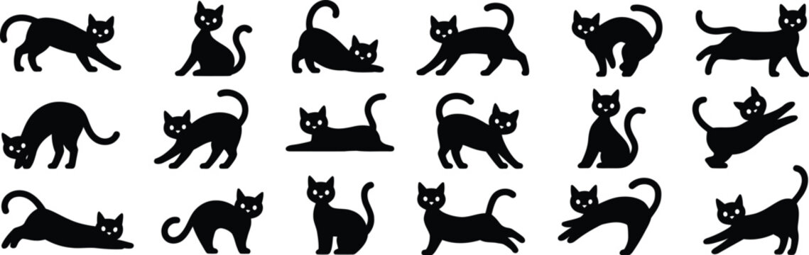 Collection of black cat silhouettes in various playful poses, jumping, sitting, stretching, and walking on white background