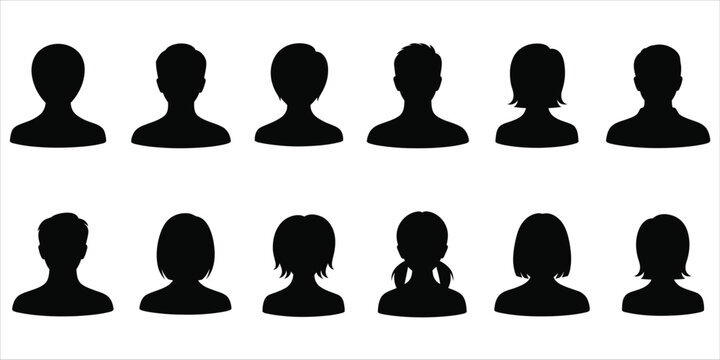 Set of black head and shoulder silhouettes of men and women with different hairstyles isolated on a white background