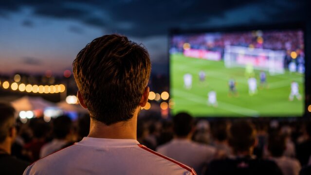 Football Fan Watching Outdoor Public Viewing During Penalty Kick Championship Match at Night
