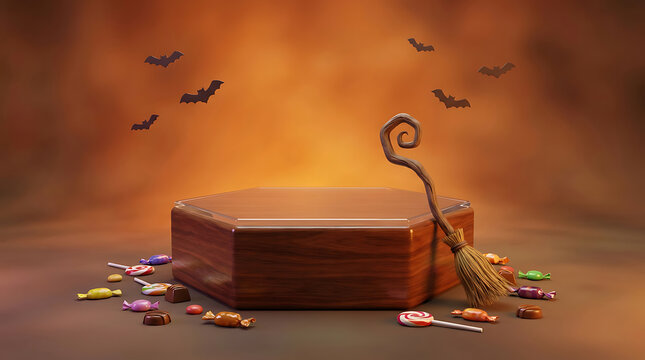 Halloween spooky wooden podium with broomstick and colorful candies on orange background