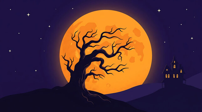 Halloween Spooky Night Scene With Full Moon And Scary Dead Tree And Haunted House