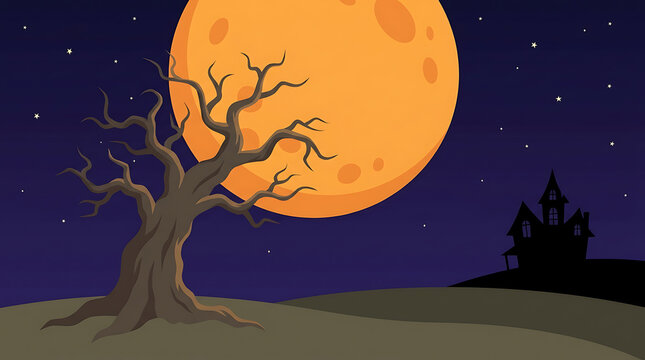 Halloween spooky haunted house silhouette under large full moon with creepy dead tree