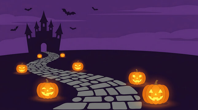 halloween spooky night landscape with haunted castle bats and glowing jack o lantern pumpkins