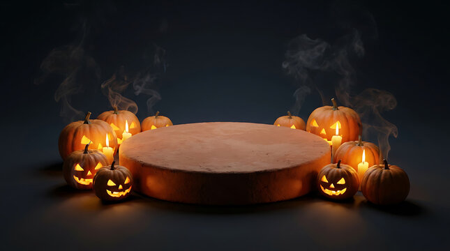 Halloween spooky pumpkin jack o lantern background with glowing candles and mystical smoke