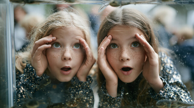Two girls press their faces against a glass tank of freshwater tadpoles at a community science fair, hands framing their eyes, mouths open in simultaneous amazement, crowded