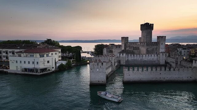 Sirmione, Italy - 4K Flying by Scaligero Castle (Castello Scaligero di Sirmione) at the comune of Sirmione, located at the lower part of Lake Garda. Motorboat, sunset, dramatic golden sky 