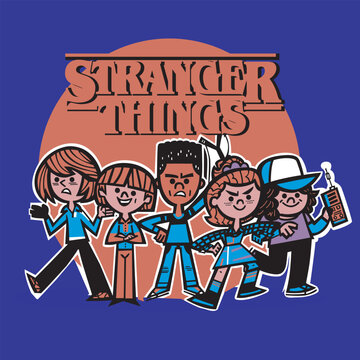 Abstract cartoon illustration of kids group inspired by pop culture tv series