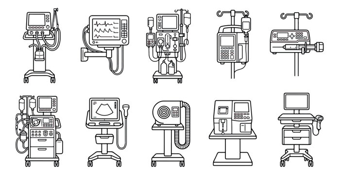 Medical equipment line icons set, hospital intensive care unit devices vector, clinical diagnostic and monitoring machines for healthcare design