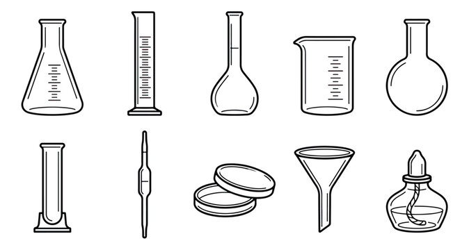 Minimalist laboratory glassware icons, 10 science equipment vector elements, black and white line art of chemistry beakers and flasks for education
