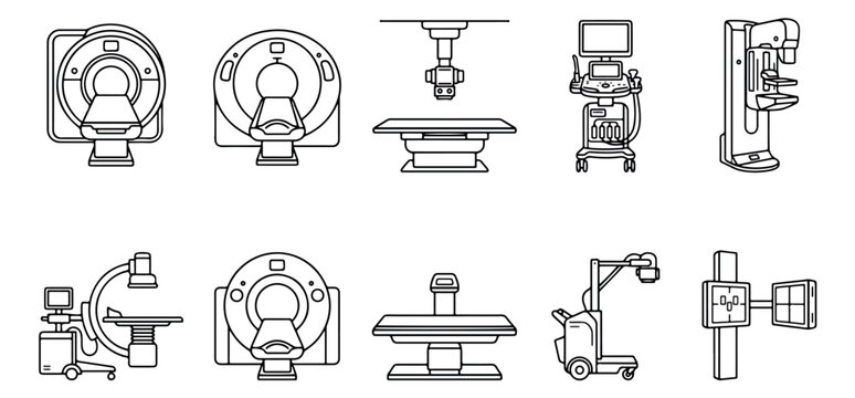 Medical imaging equipment icon set, 10 radiology diagnostic vector line icons, MRI and CT scan machines for hospital healthcare infographics