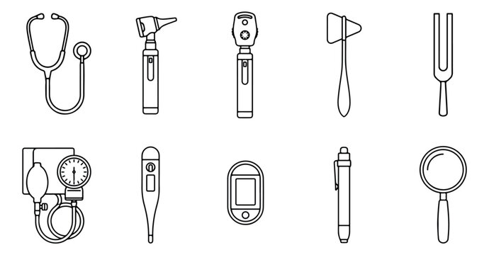 Medical diagnostic equipment icons, 10 outline vector elements for healthcare checkup, stethoscope and blood pressure monitor set